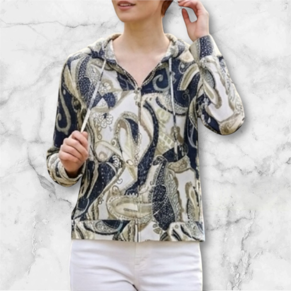 Caribbean Joe Watercolor Paisley Zip Up Hoodie Lightweight Blue Green White Sz L